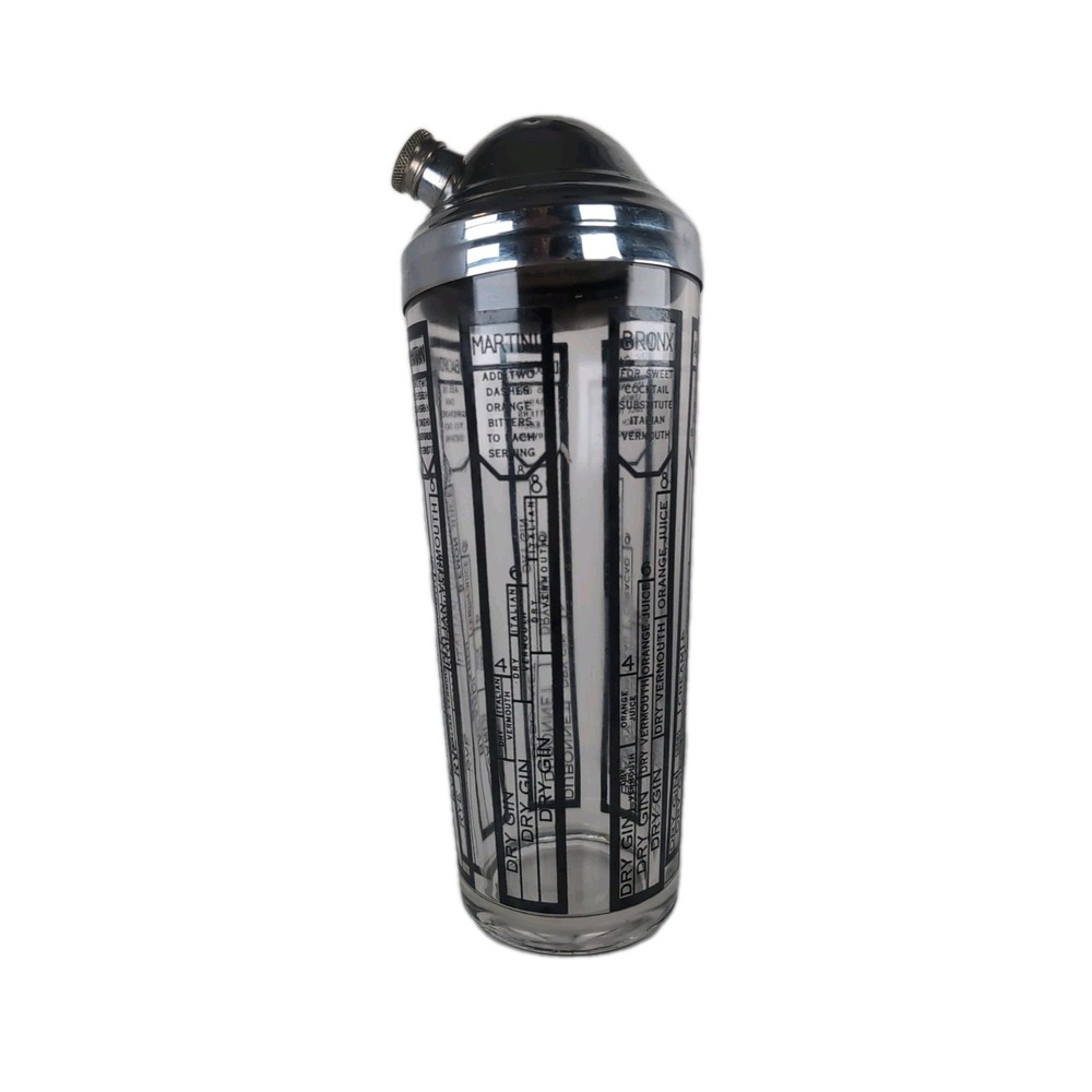 1930's Cocktail Shaker With Drink Recipes, Two Piece Vintage Glass W/Lid Vntg.